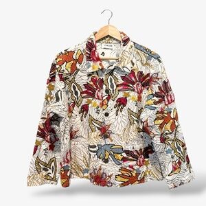 Chico’s Denim Jacket Garden Bloom Roadster White Red Yarn Knit, Size 3 (US XL)